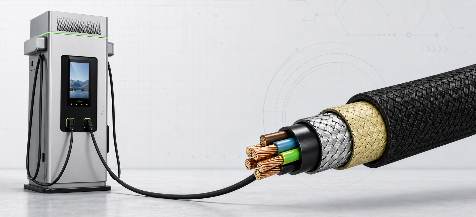 Protected EV charging cable with visible layered sleeve construction and internal conductors