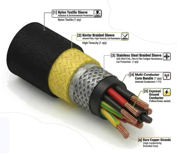 X-Connect protected EV cable cutaway with original technical labels