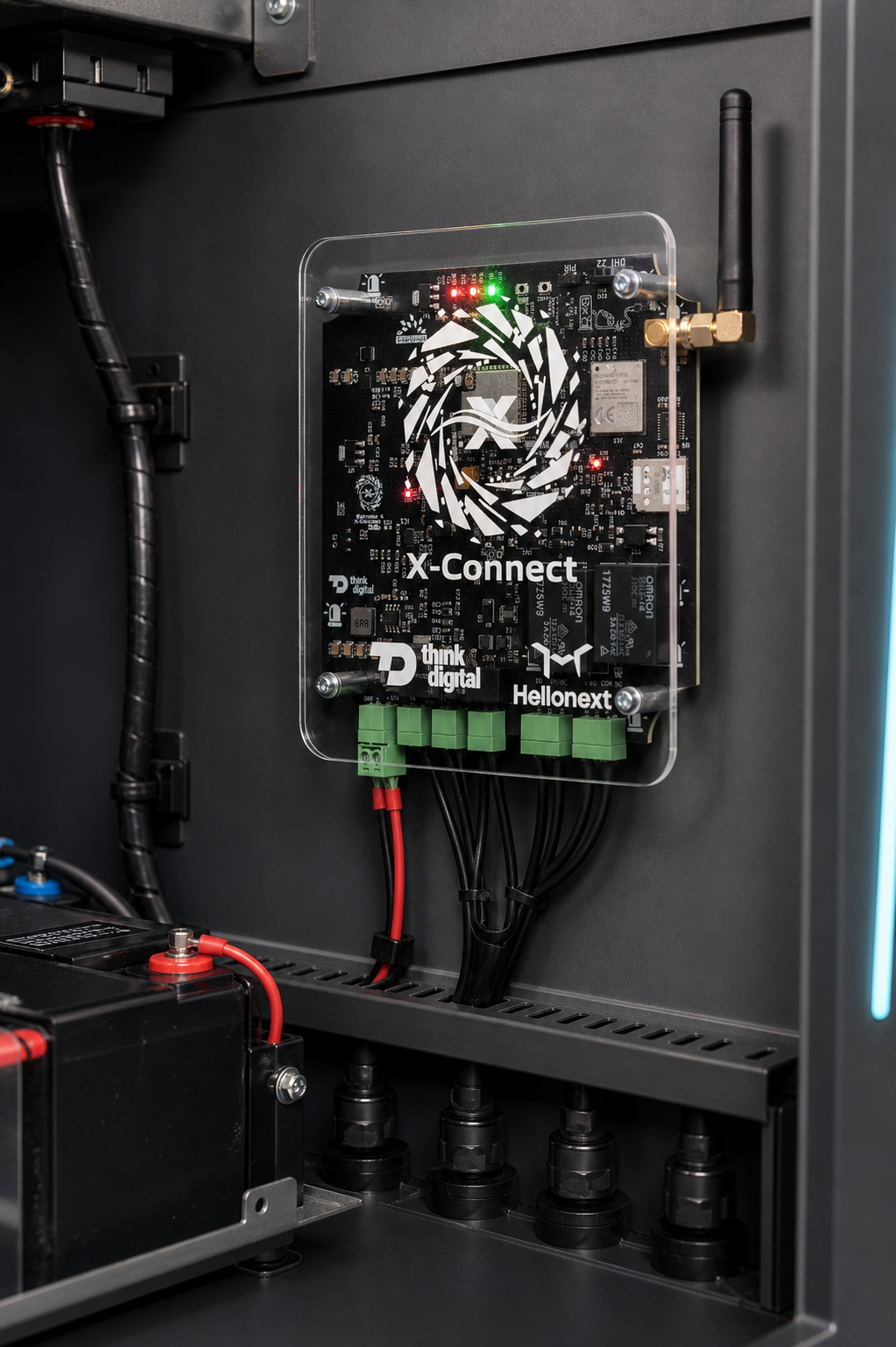 X-Connect control unit installed vertically inside an electrical enclosure