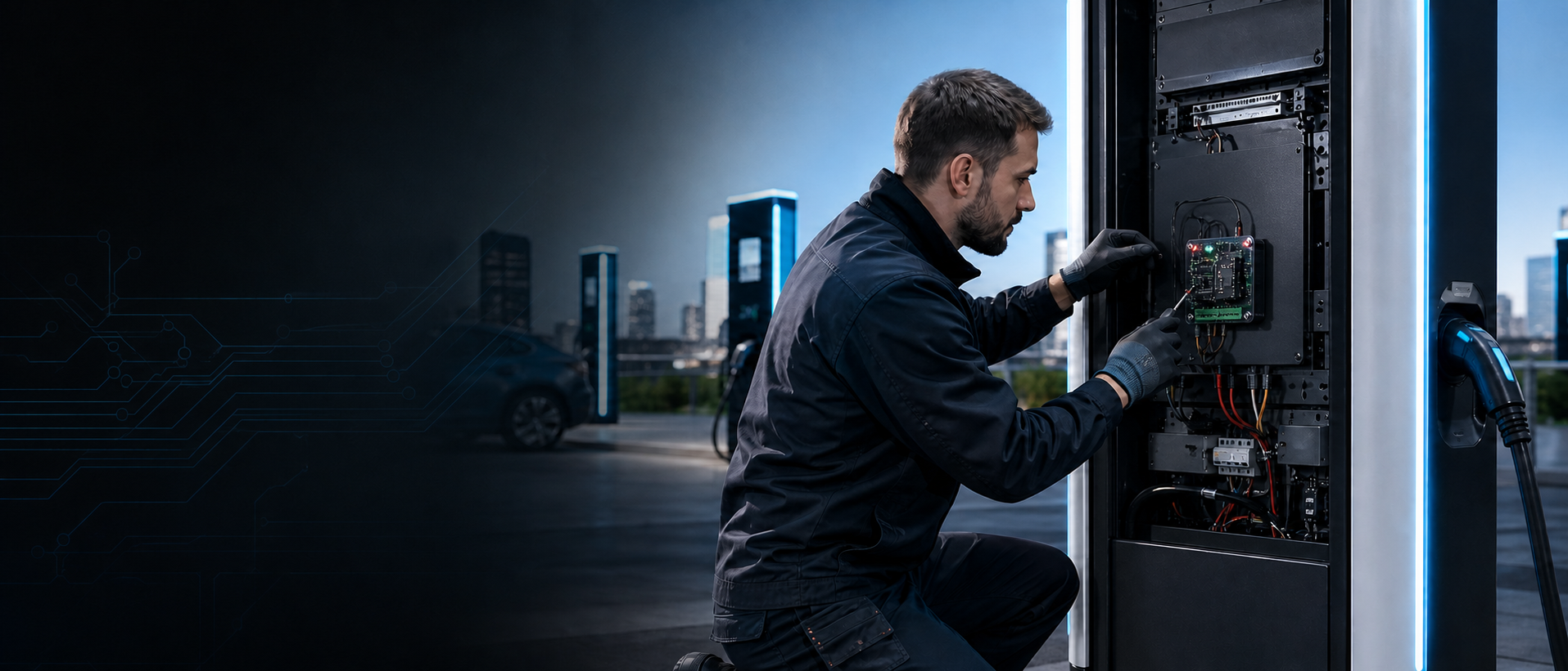 Technician installing an X-Connect control unit inside a public EV charger